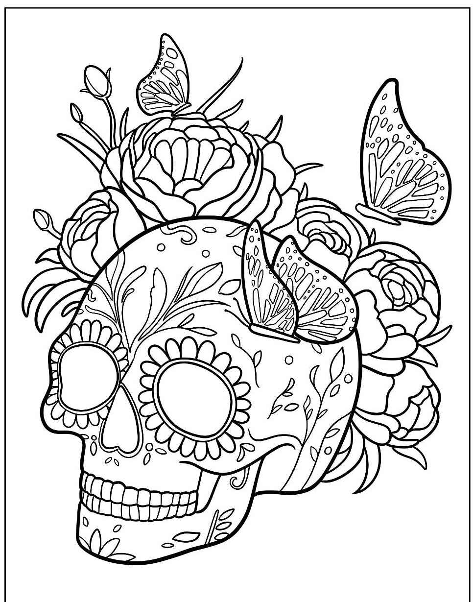 Desenho de Caveira decorada com flores e borboletas