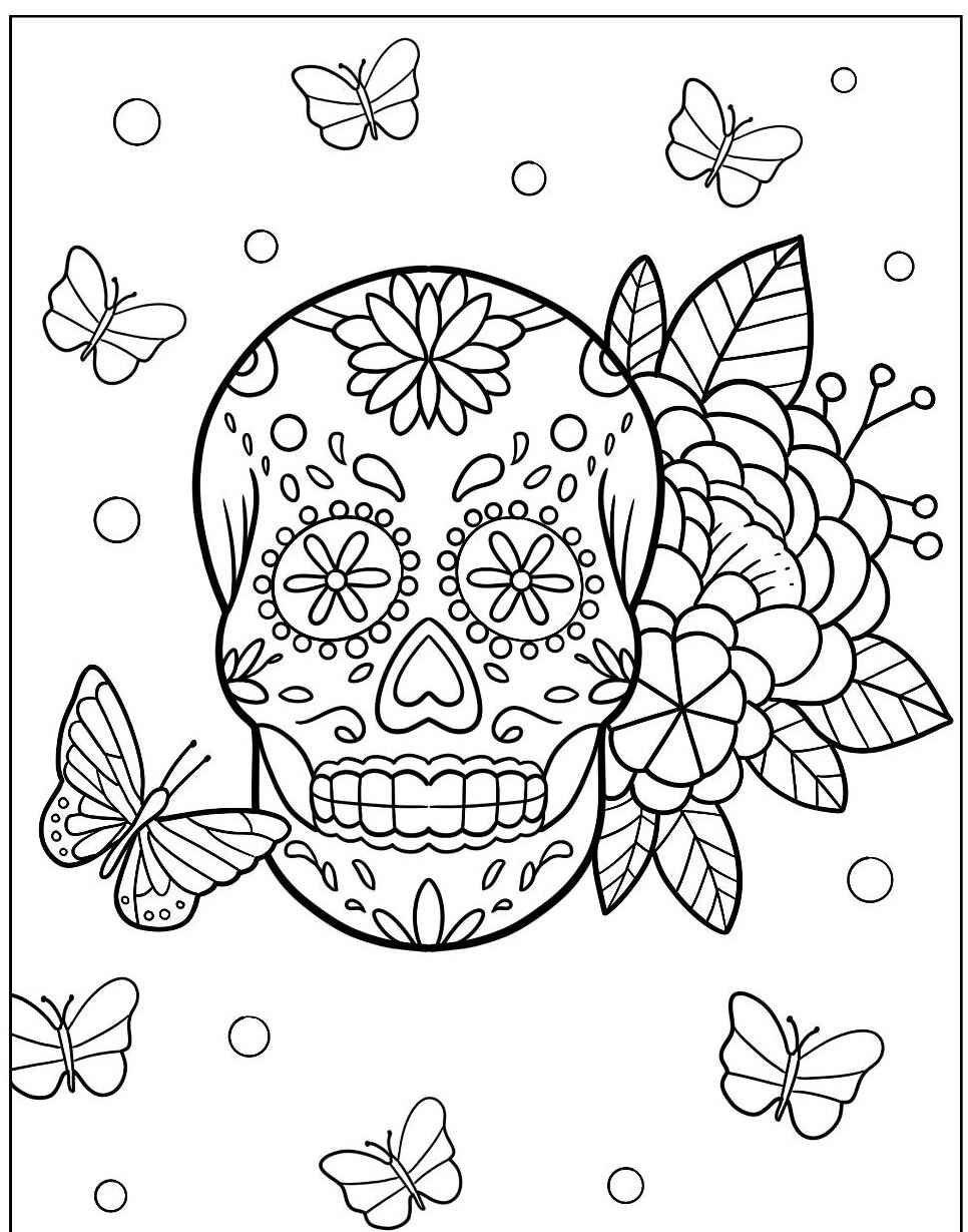 Desenho de Caveira com flores e borboletas estilizadas