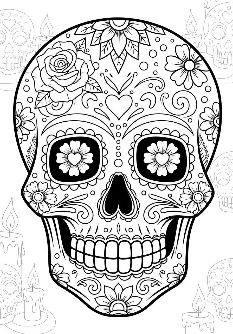 Desenho de Caveira com flores e padrões detalhados