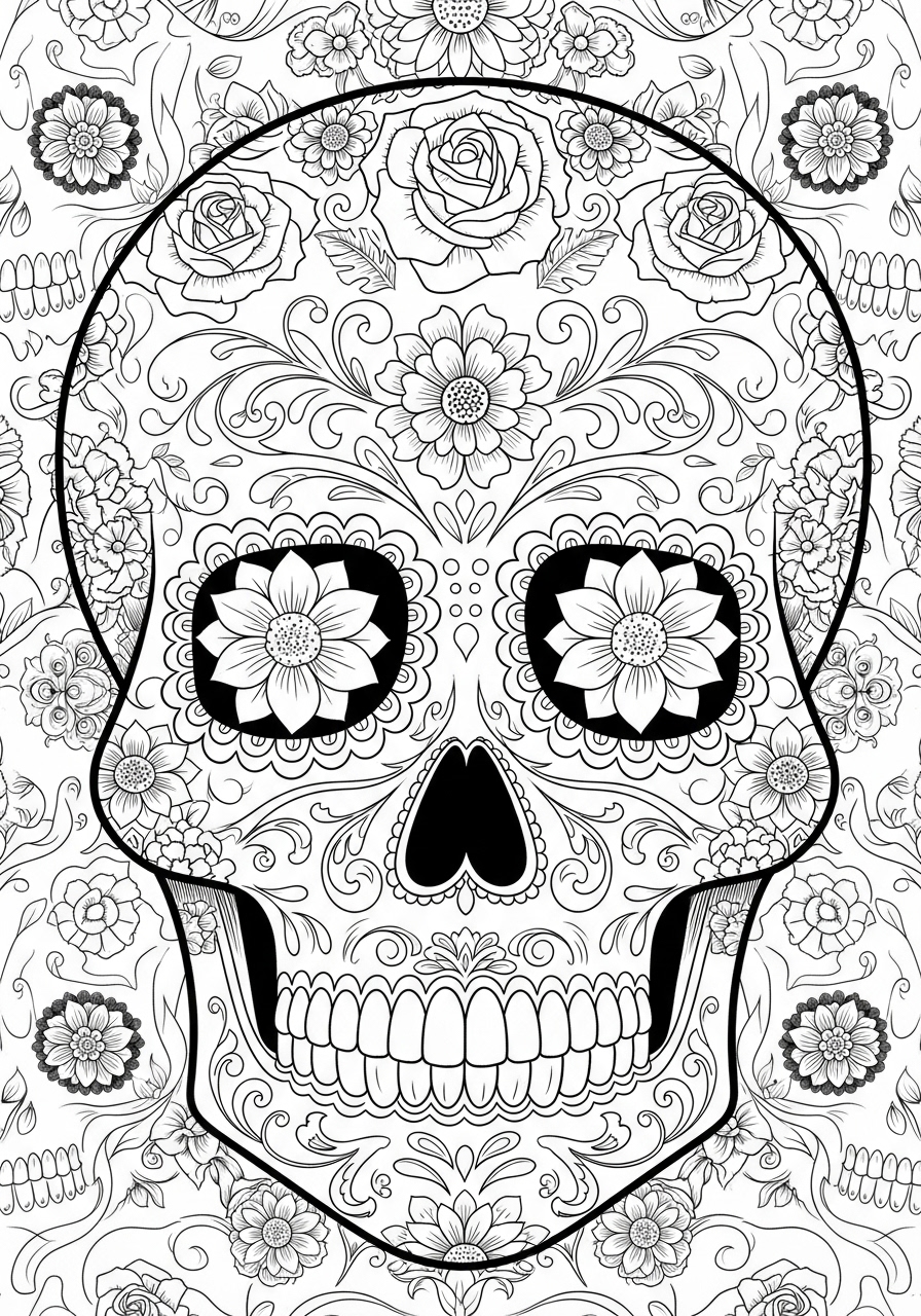 Desenho de Caveira com Flores e Arabescos para colorir