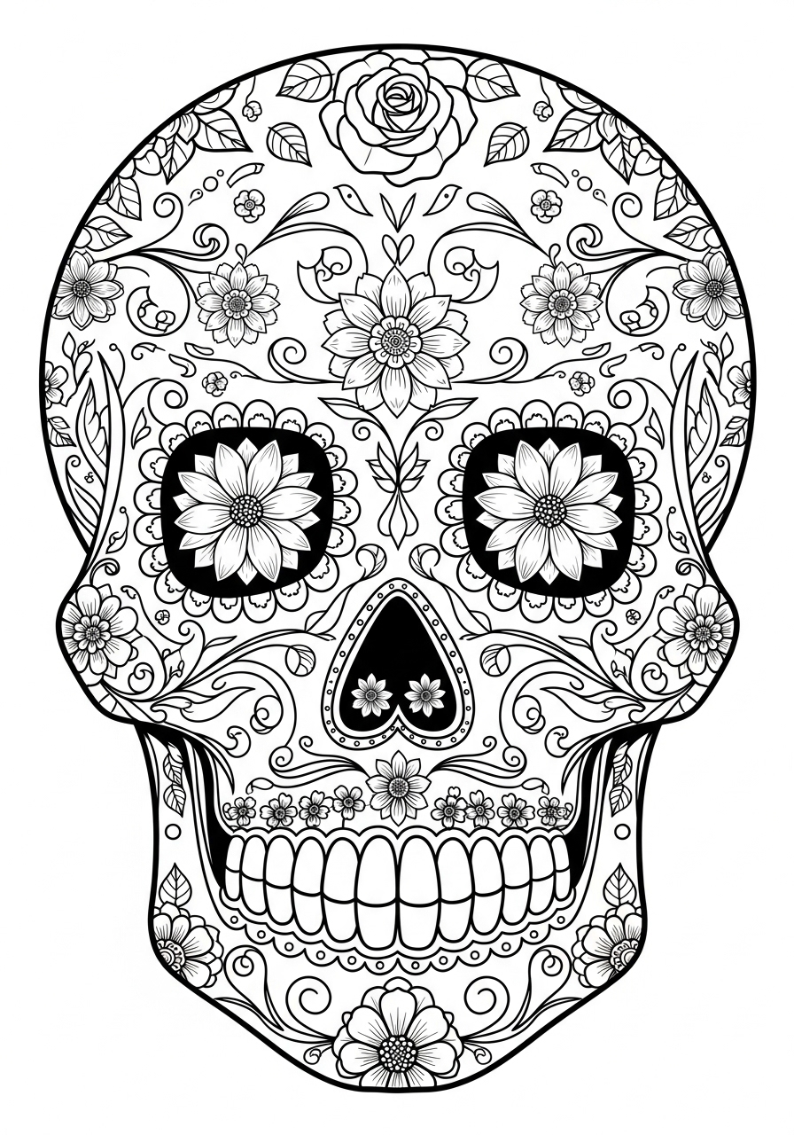 Desenho de Caveira ornamentada com flores e folhas para colorir