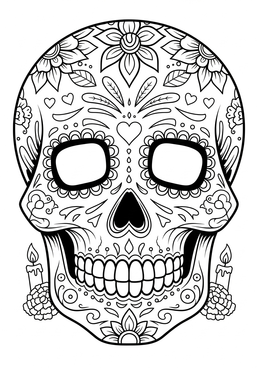 Desenho de Caveira decorada com flores e velas