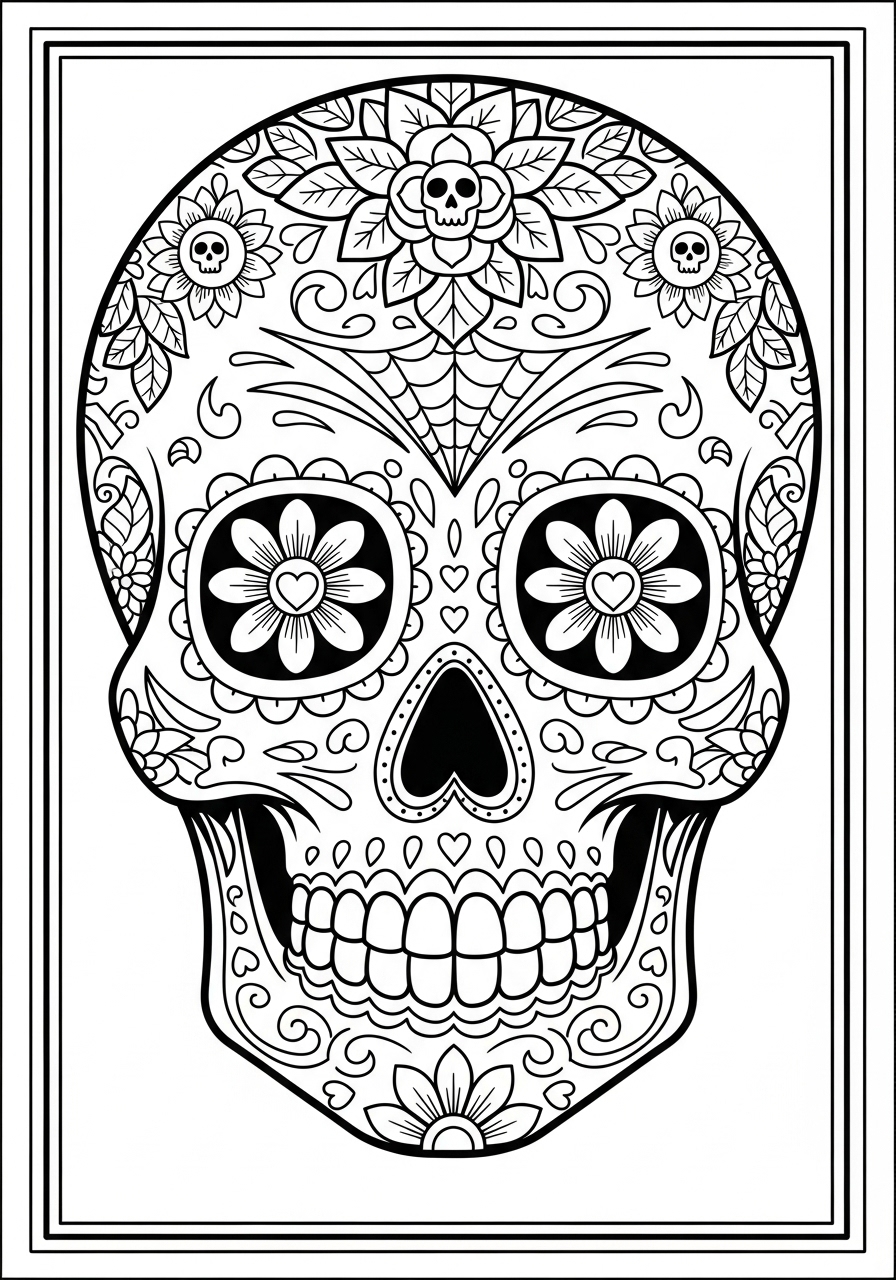 Desenho de Caveira Mexicana com flores e padrões complexos
