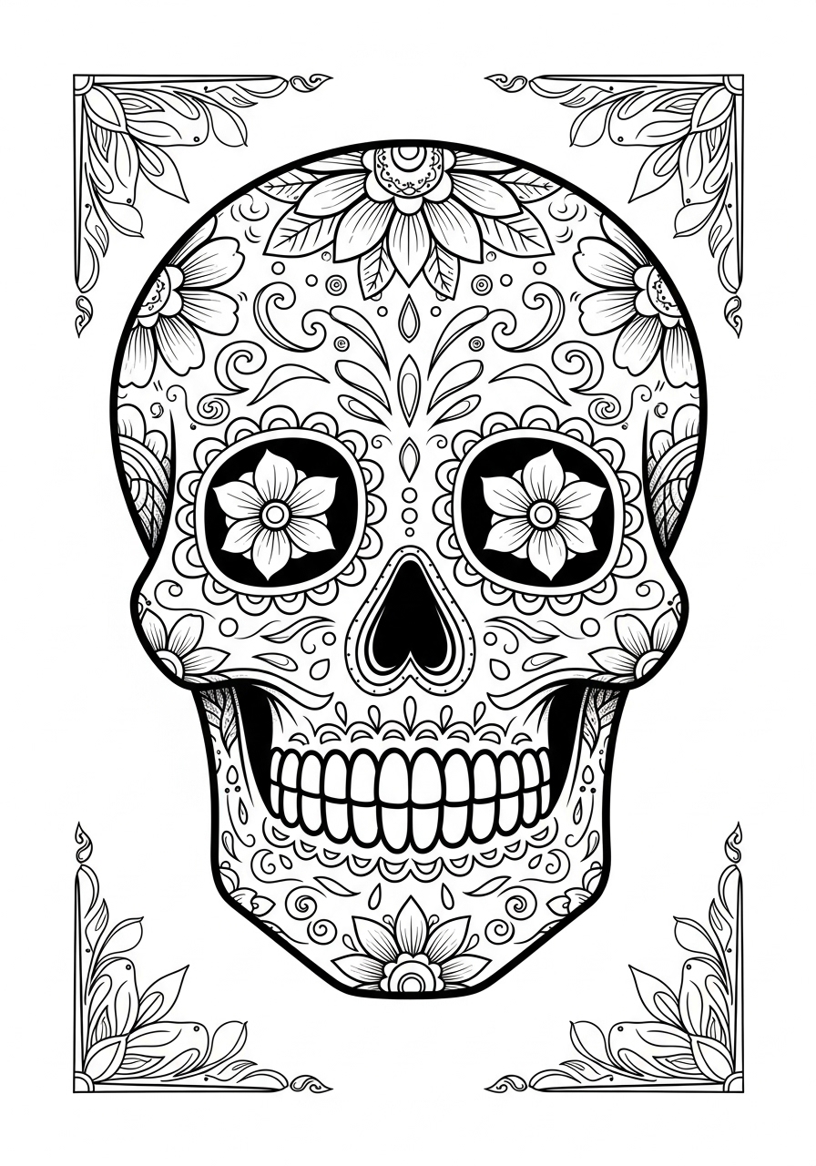 Desenho de Caveira decorada com flores e detalhes