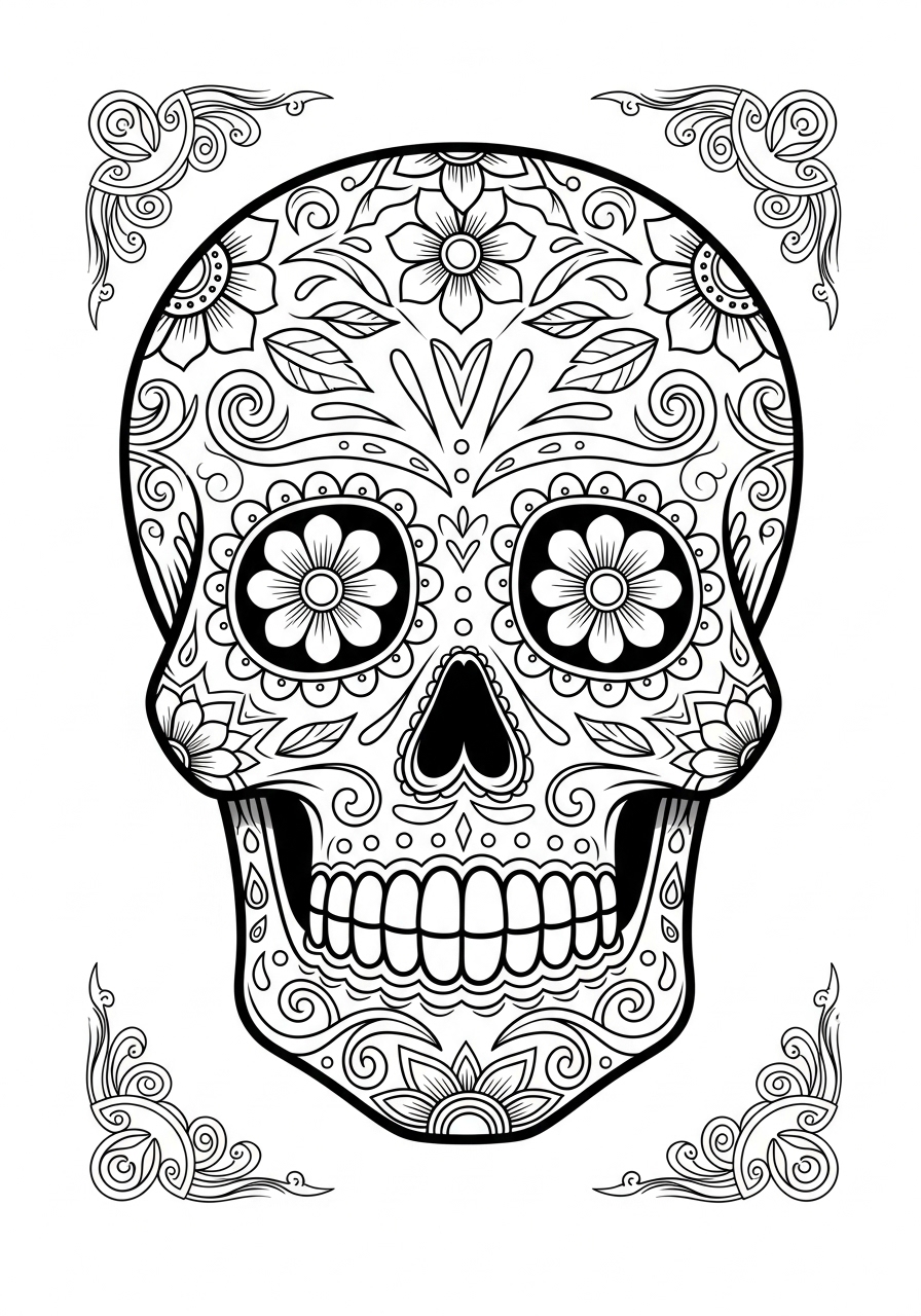 Desenho de Caveira Mexicana com flores detalhadas