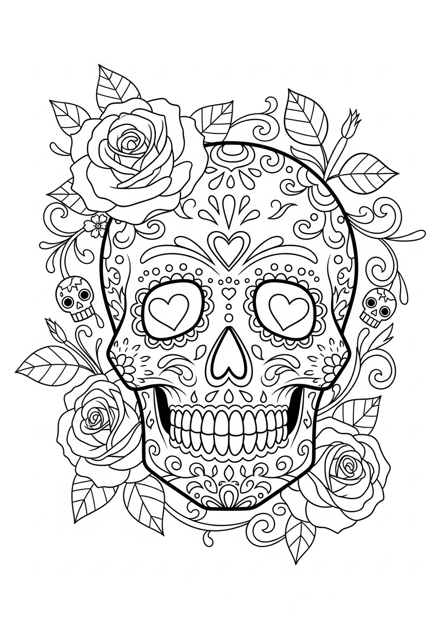 Desenho de Caveira com rosas e ornamentos para colorir