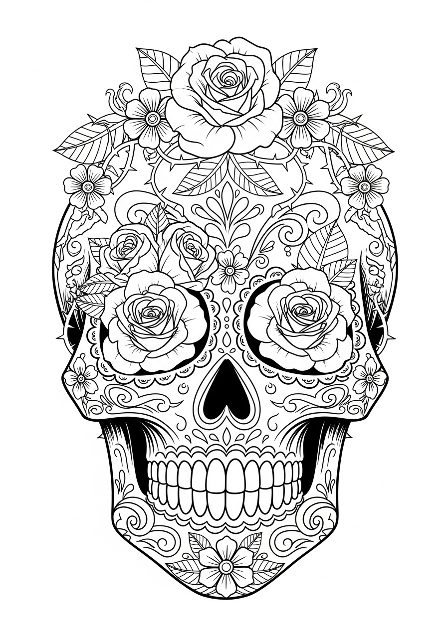 Desenho de Caveira com rosas e detalhes ornamentados