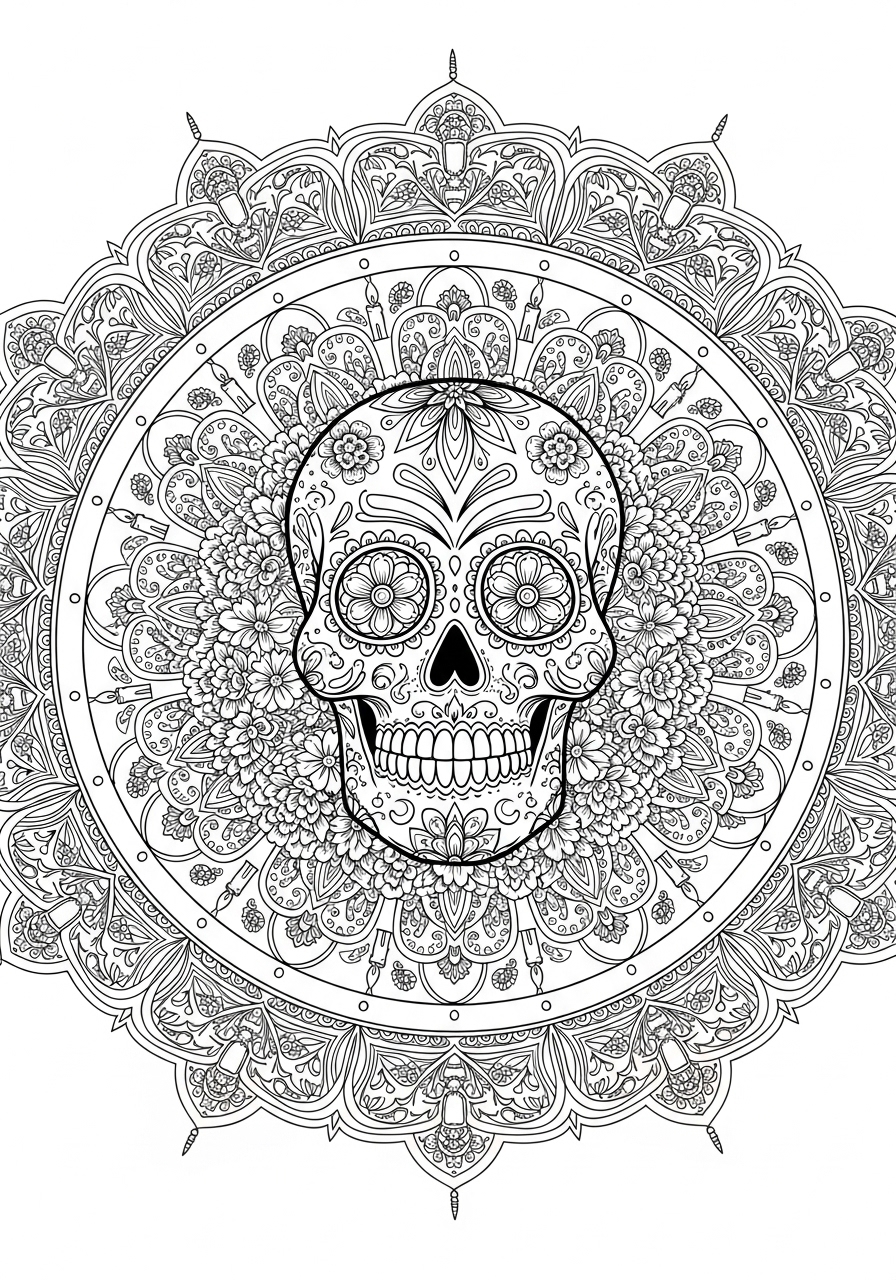 Desenho de Caveira Decorada Mandala para colorir