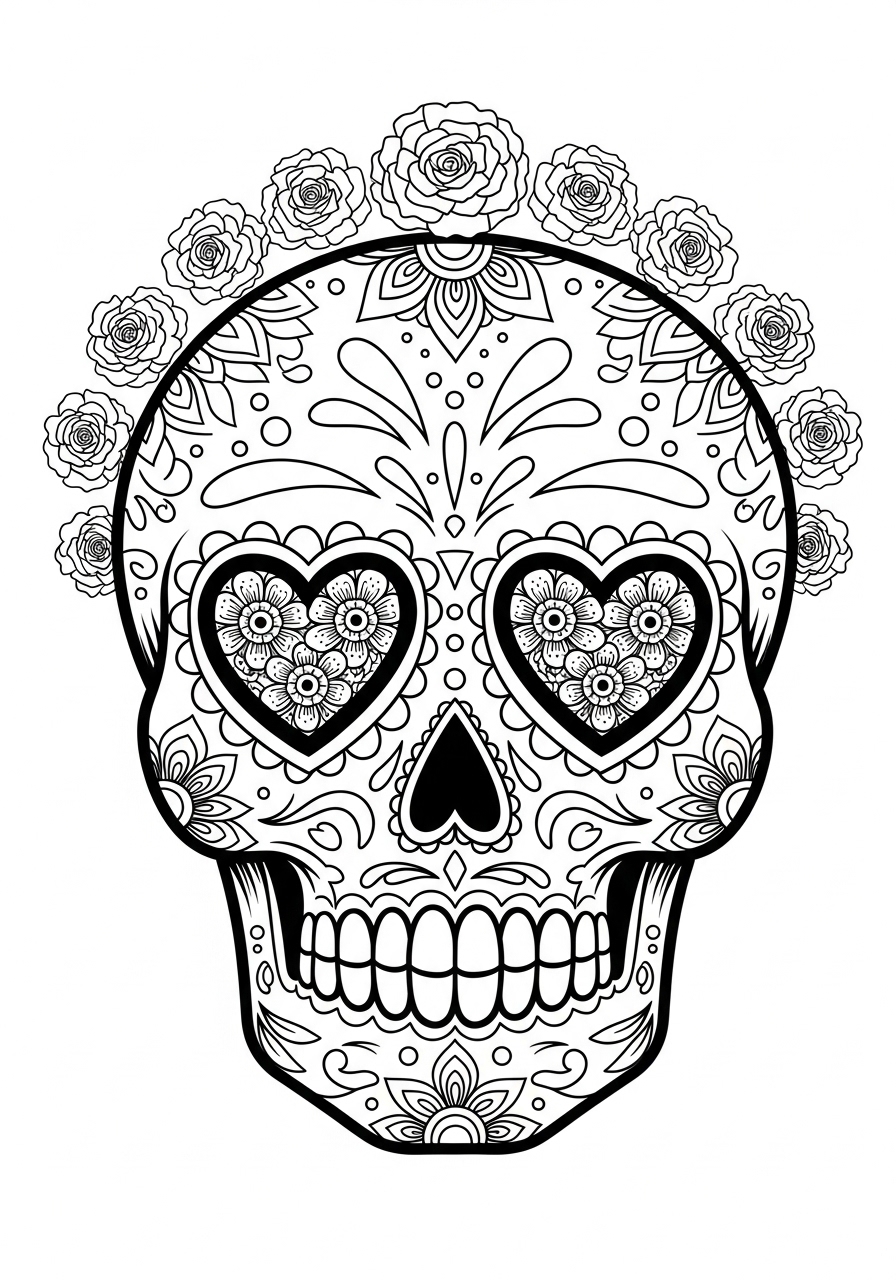 Desenho de Caveira Mexicana com flores ornamentadas