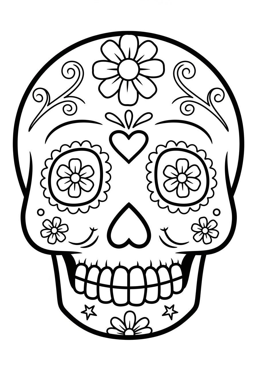 Desenho de Caveira Mexicana com flores para colorir