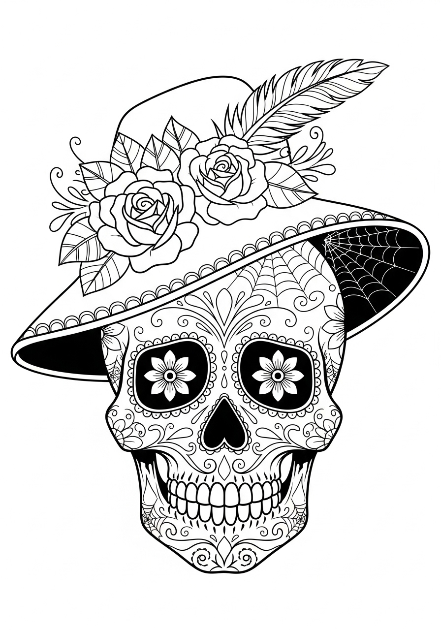 Desenho de Caveira mexicana com chapéu e flores
