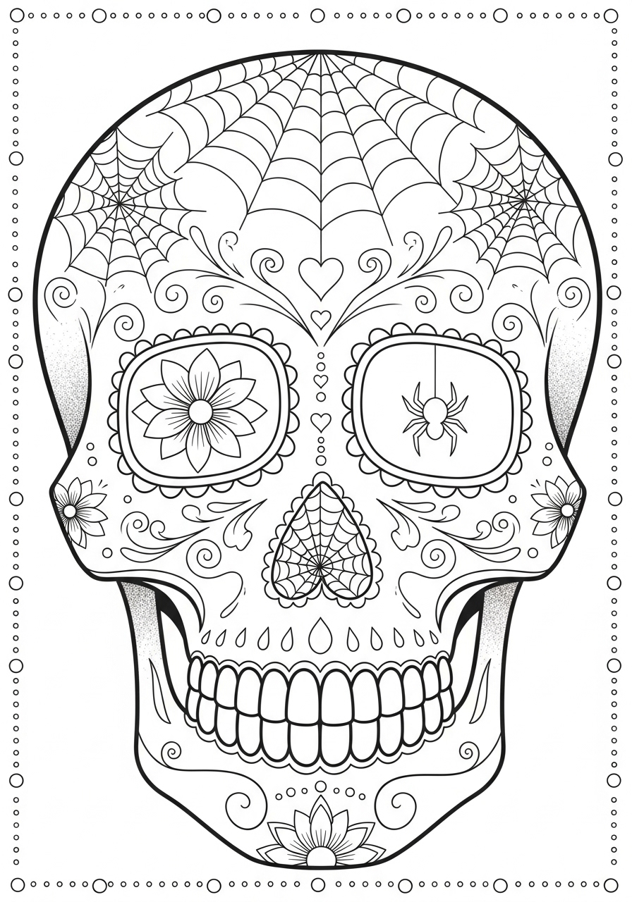 Desenho de Caveira Mexicana com flores e teia de aranha