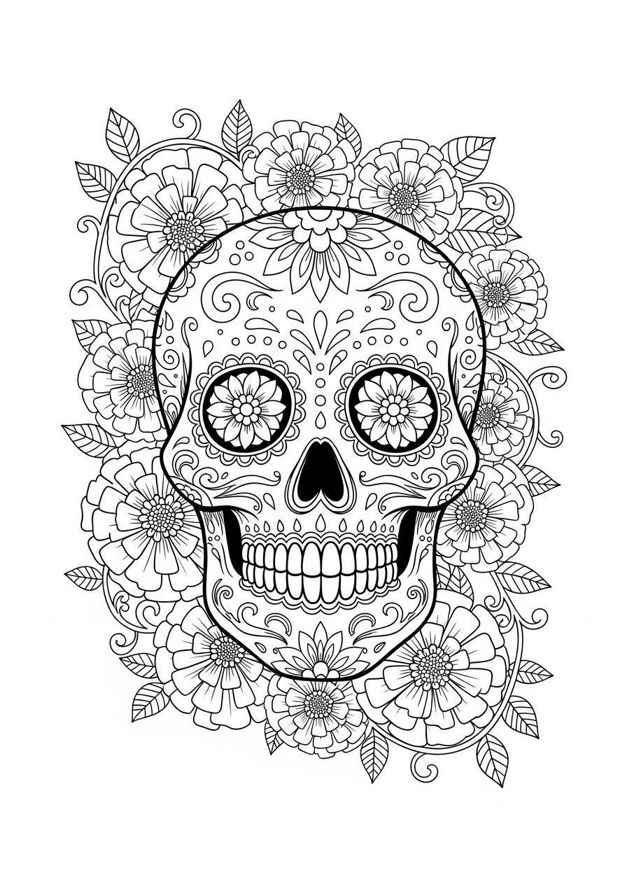 Desenho de Caveira mexicana com flores detalhadas