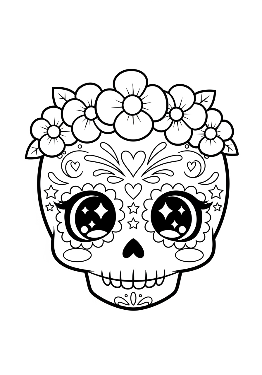 Desenho de Caveira com flores decorativas e estrelas