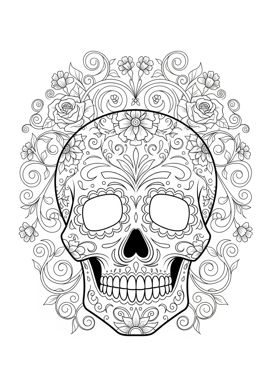 Desenho de Caveira Mexicana com Flores Detalhadas