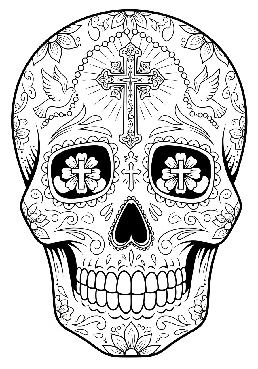 Desenho de Caveira com cruz e flores para colorir