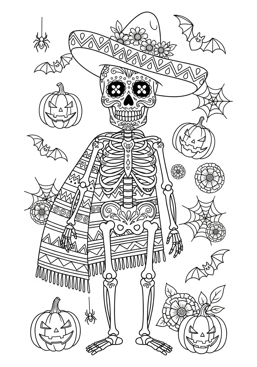 Desenho de Caveira Mexicana com Sombrero para colorir