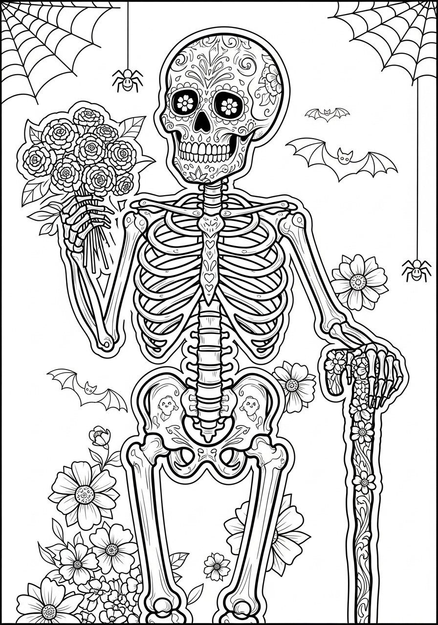 Desenho de Caveira com flores e bengala para colorir