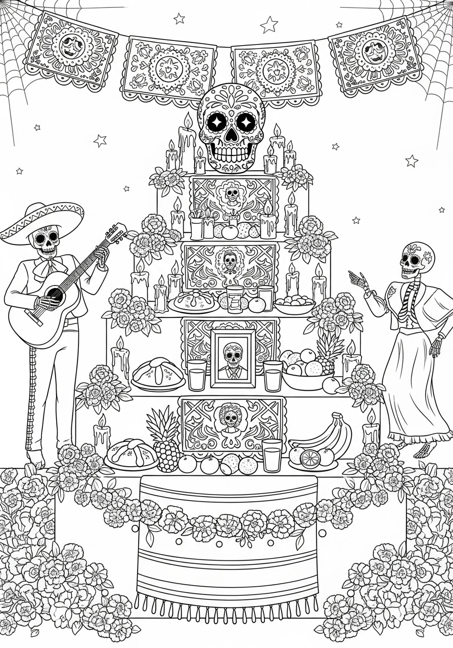 Desenho de Caveira em altar Dia dos Mortos detalhado