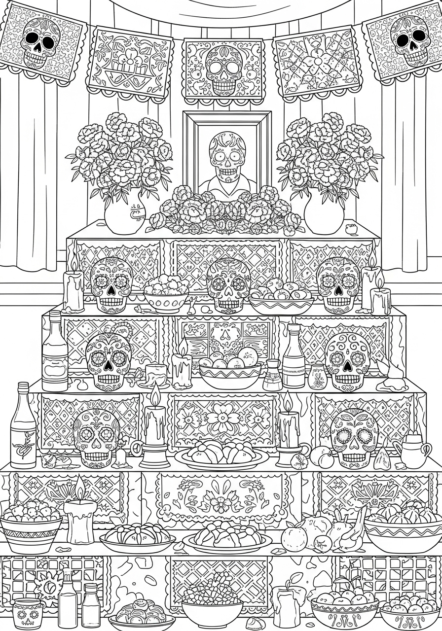 Desenho de Caveira em altar com oferendas detalhado
