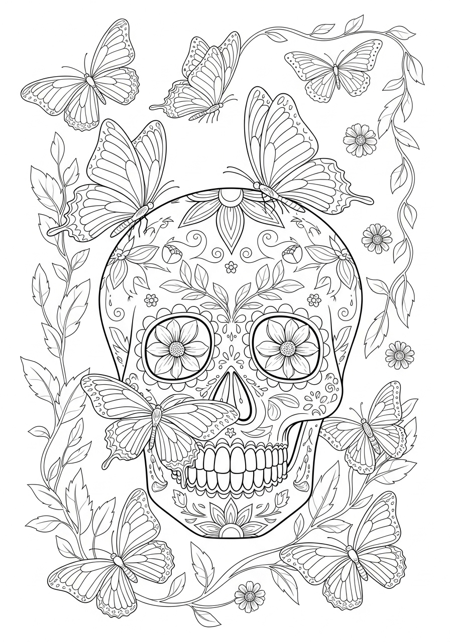 Desenho de Caveira com Borboletas para colorir