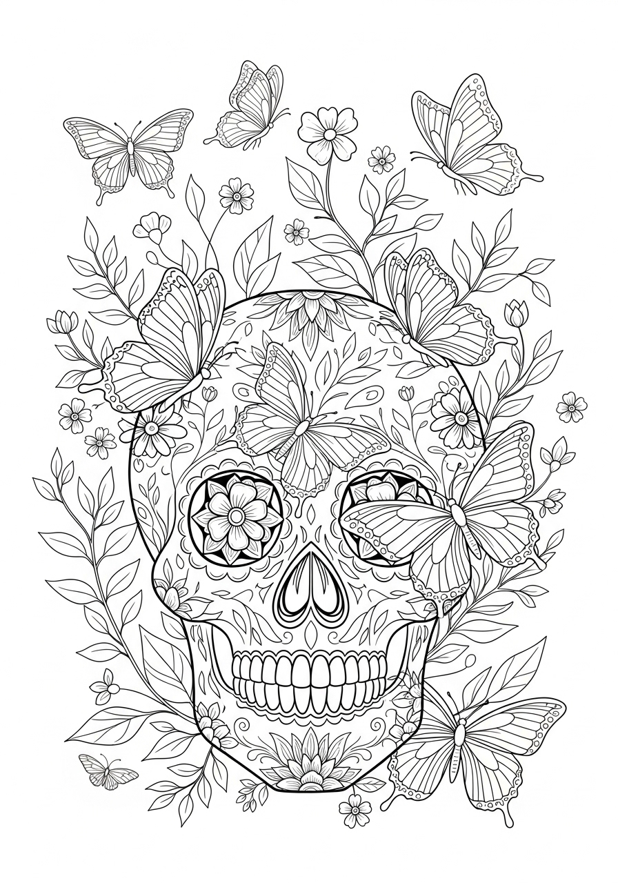 Desenho de Caveira com Borboletas e Flores para colorir