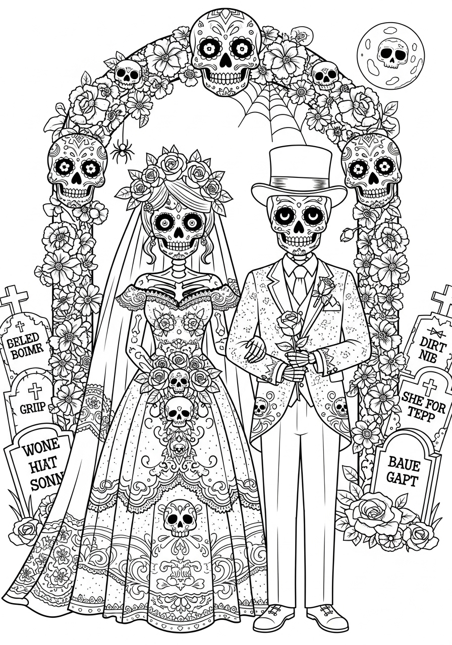 Desenho de Caveiras de noivos do Dia dos Mortos