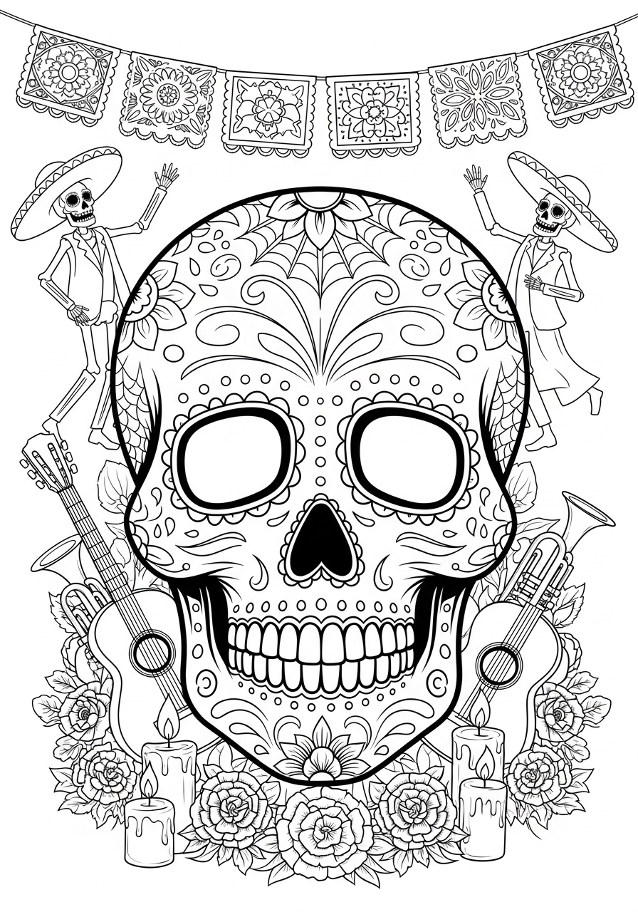 Desenho de Caveira mexicana detalhada com flores e música