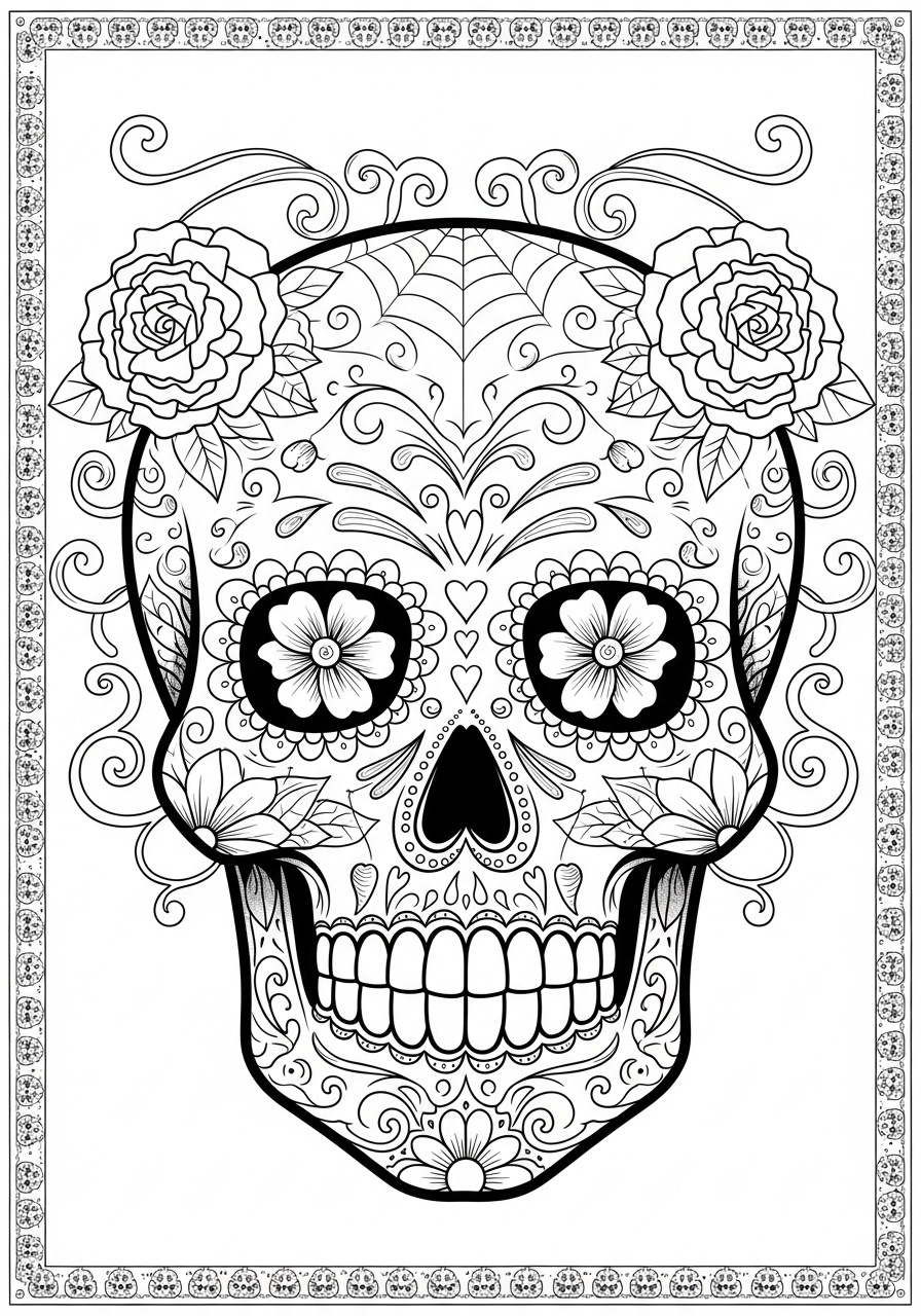 Desenho de Caveira Mexicana decorada com flores