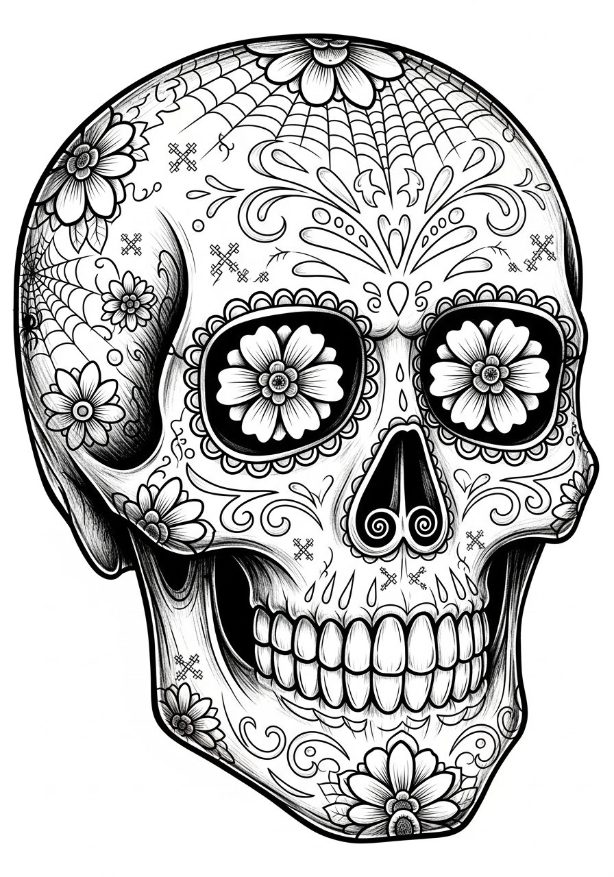 Desenho de Caveira mexicana com flores para colorir