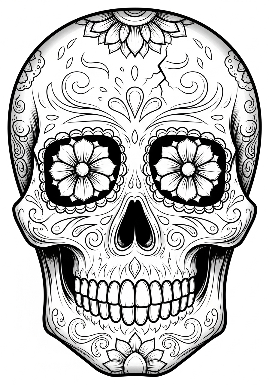 Desenho de Caveira Mexicana com flores detalhadas