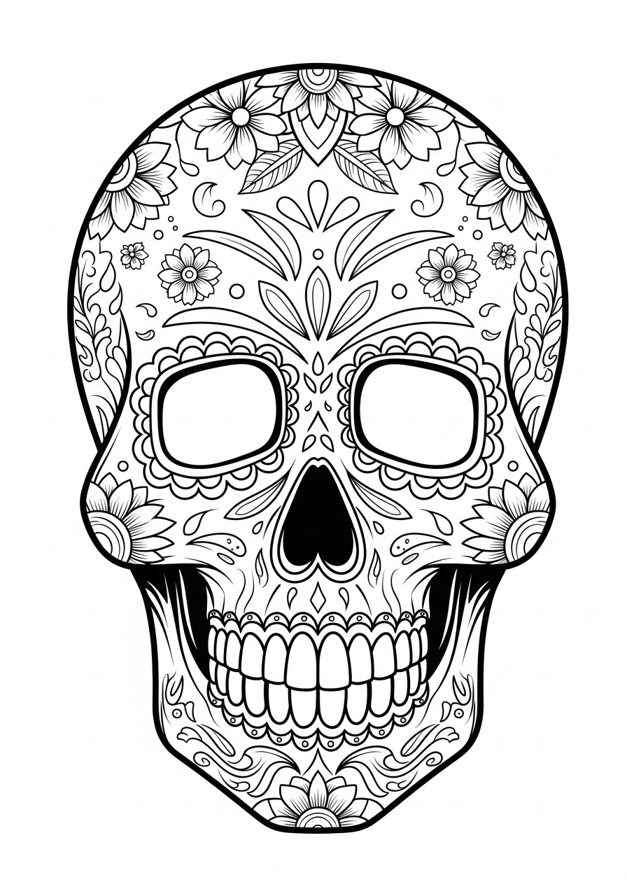 Desenho de Caveira Mexicana com Flores Ornamentadas