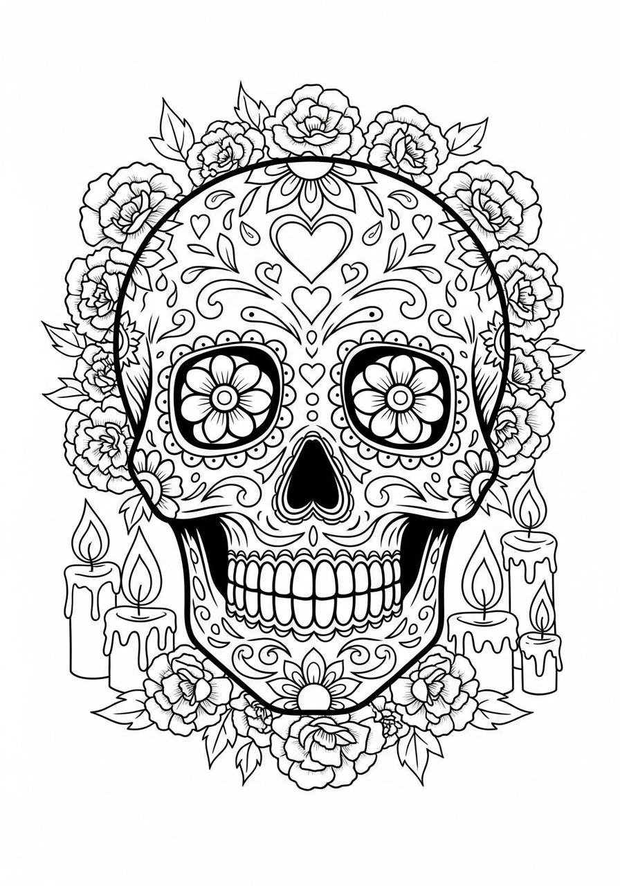 Desenho de Caveira Mexicana com Flores para colorir