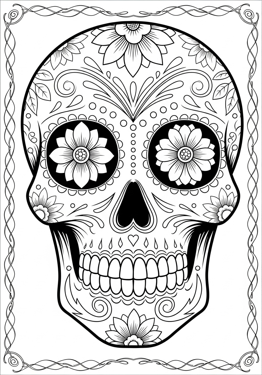 Desenho de Caveira com flores e padrões detalhados