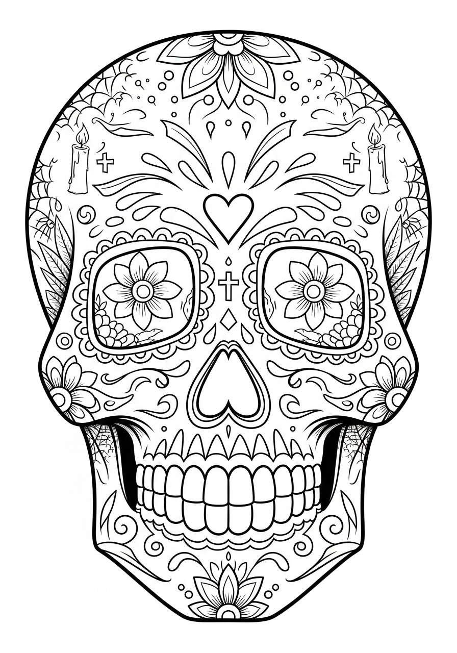 Desenho de Caveira decorada com flores e velas