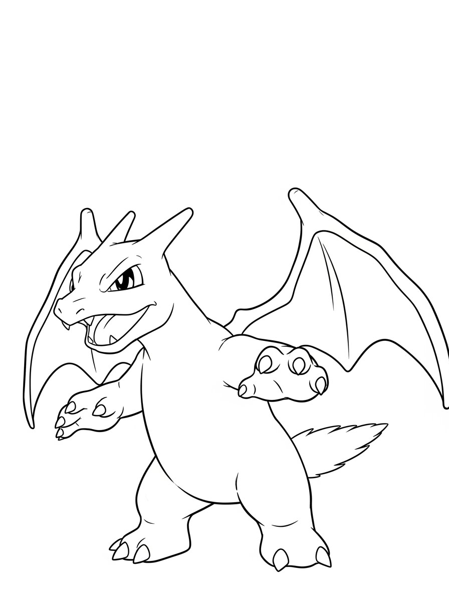 Desenho do Charizard em pé com asas abertas para colorir