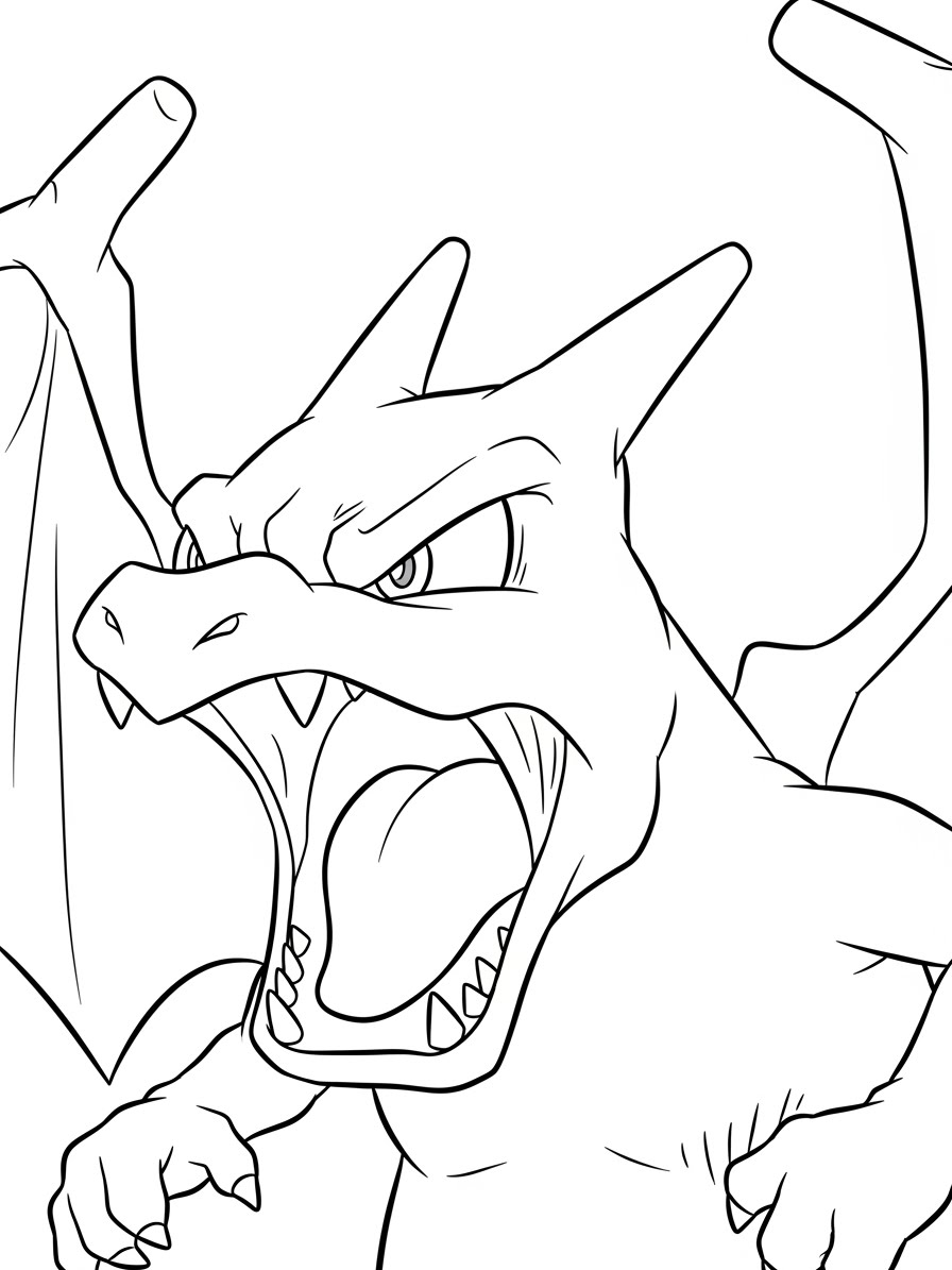 Desenho do Charizard gritando e com asas fechadas para colorir