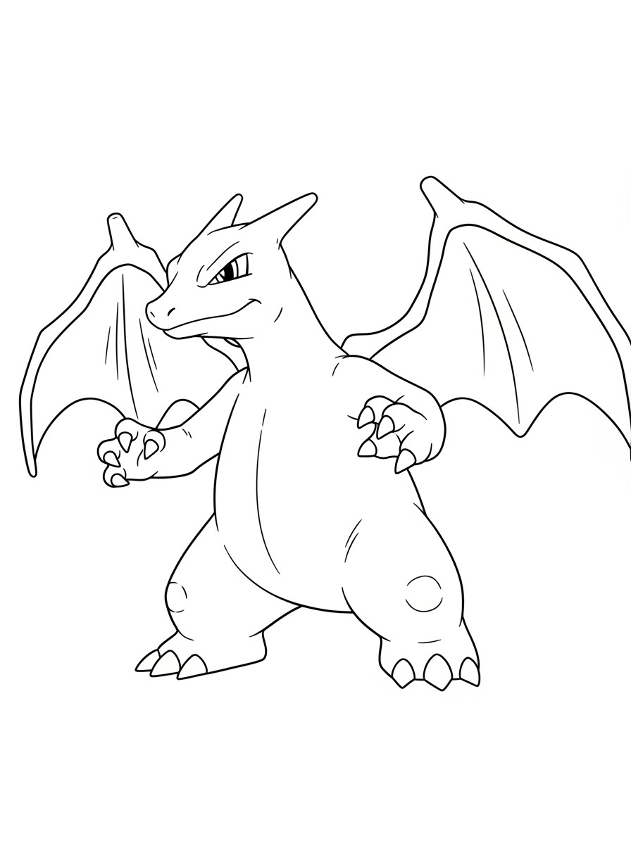 Desenho do Charizard em pé com asas abertas para colorir