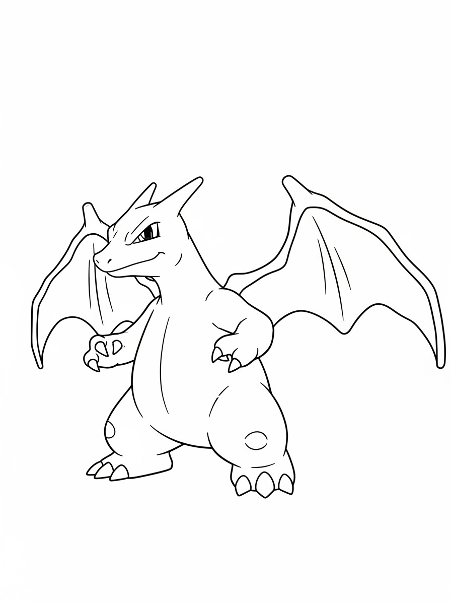 Desenho do Charizard em pé com asas abertas para colorir