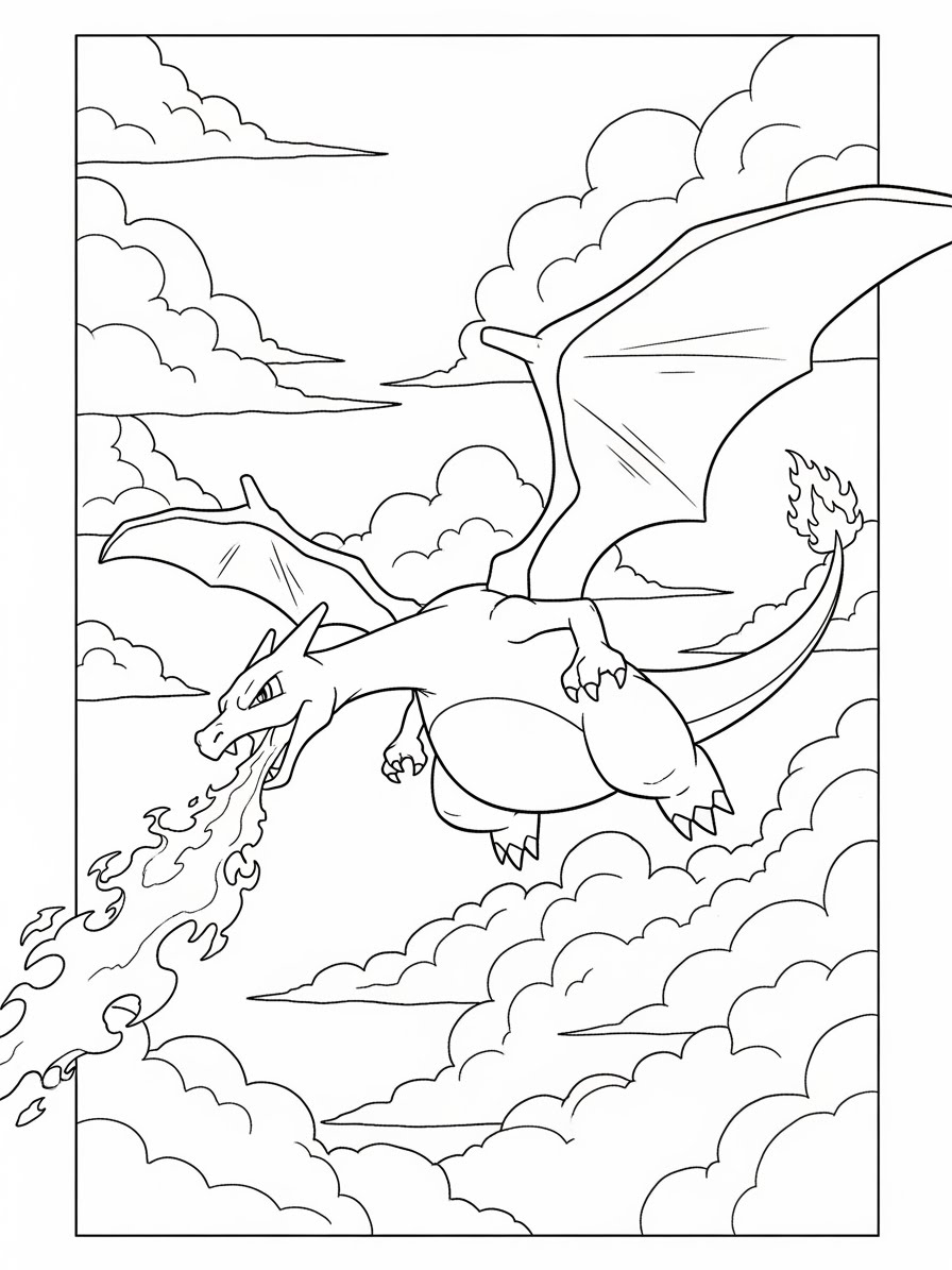 Desenho do Charizard soltando fogo nas nuvens para colorir