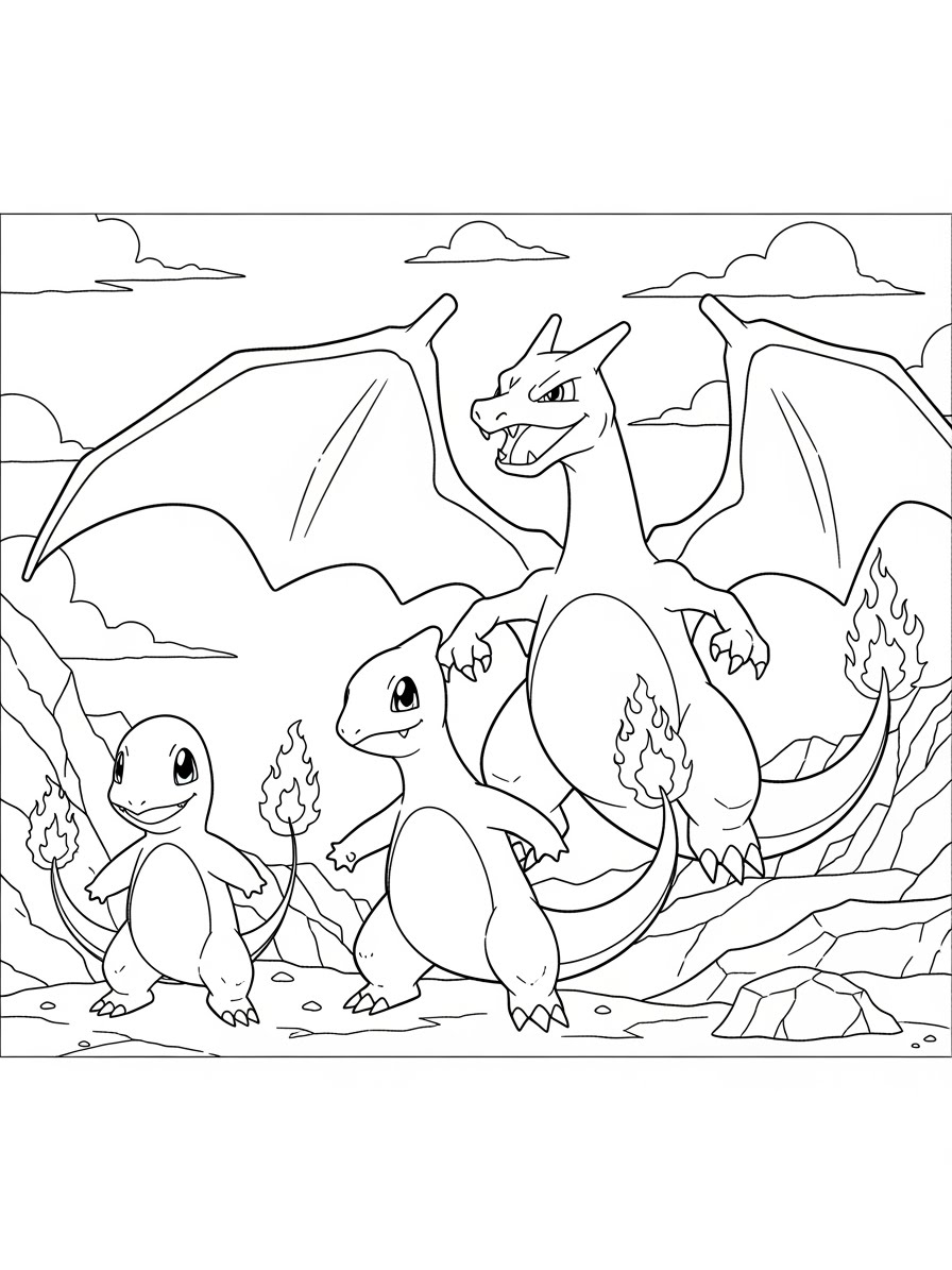 Desenho do Charizard e Pokémon menores para colorir