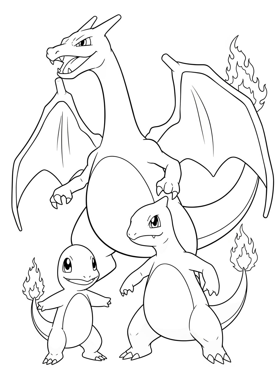 Desenho do Charizard com dois Charmanders para colorir