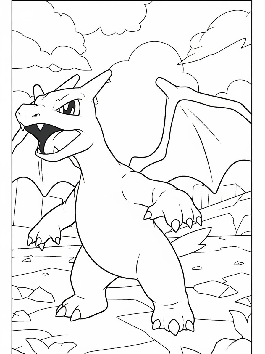 Desenho do Charizard em pé em um cenário natural para colorir