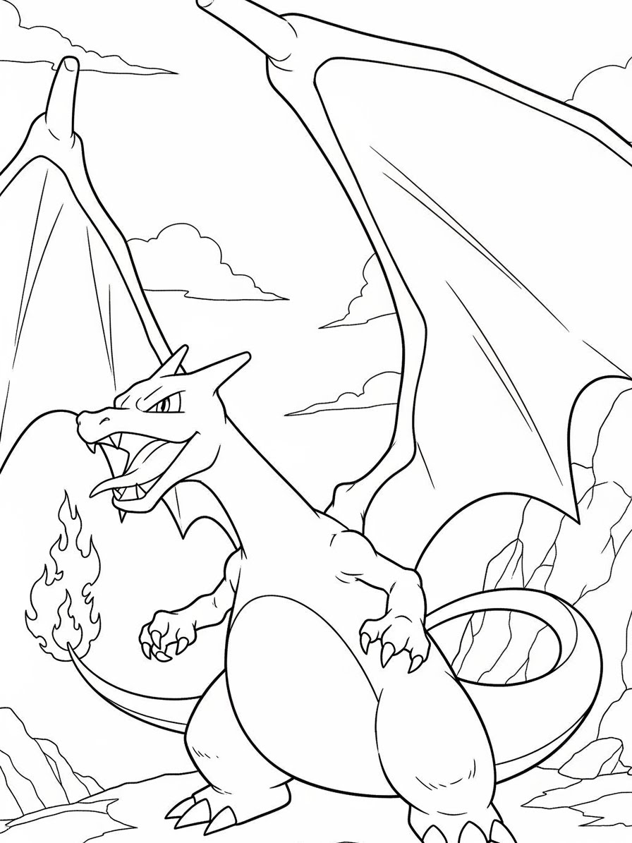 Desenho do Charizard segurando fogo para colorir