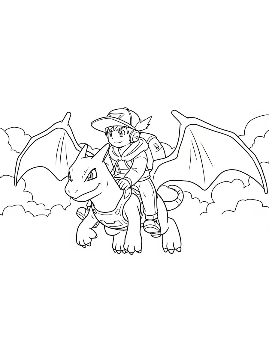Desenho do Charizard com jovem montado para colorir