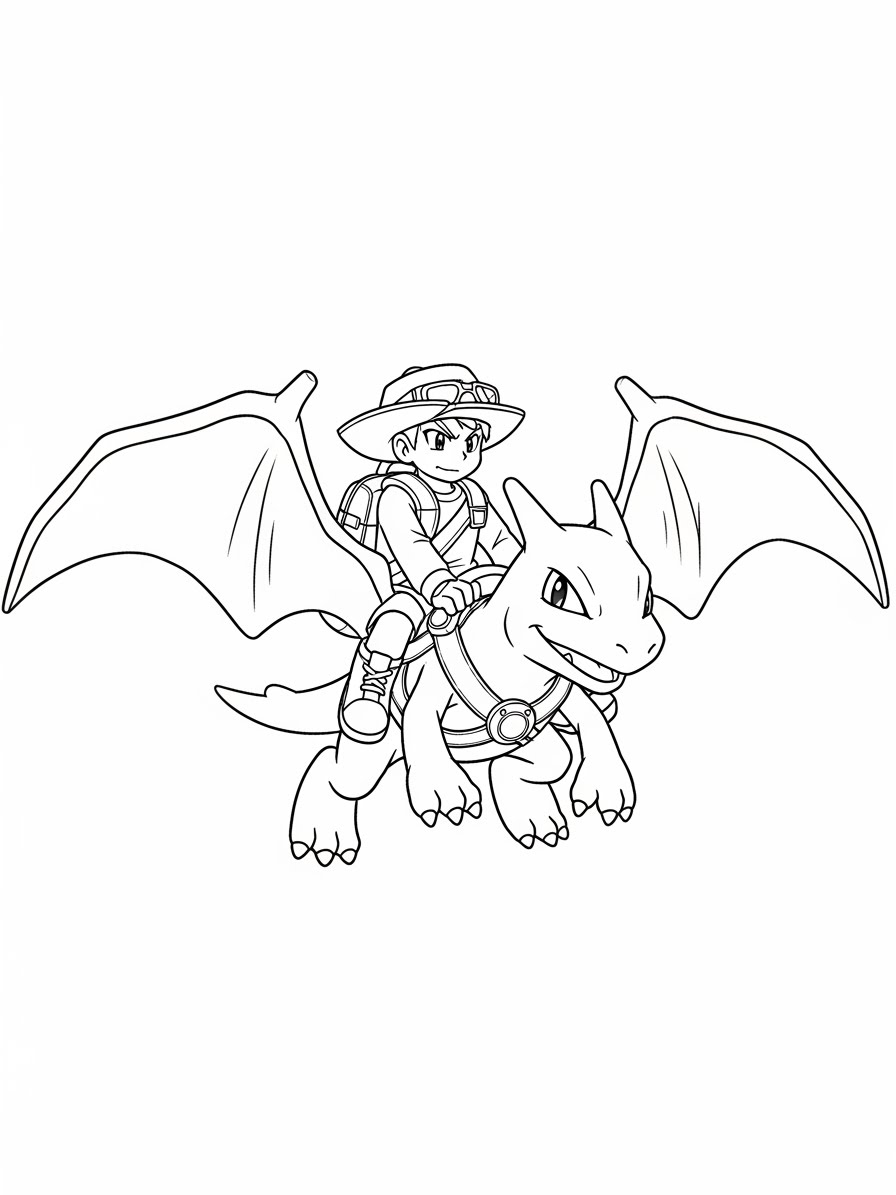 Desenho do Charizard com menino montado nas costas para colorir