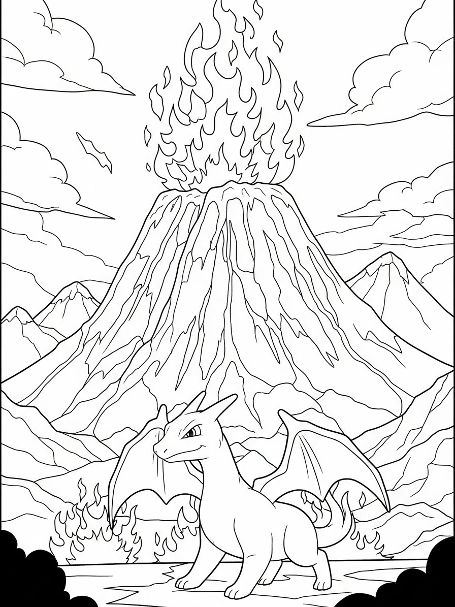 Desenho do Charizard próximo a um vulcão para colorir