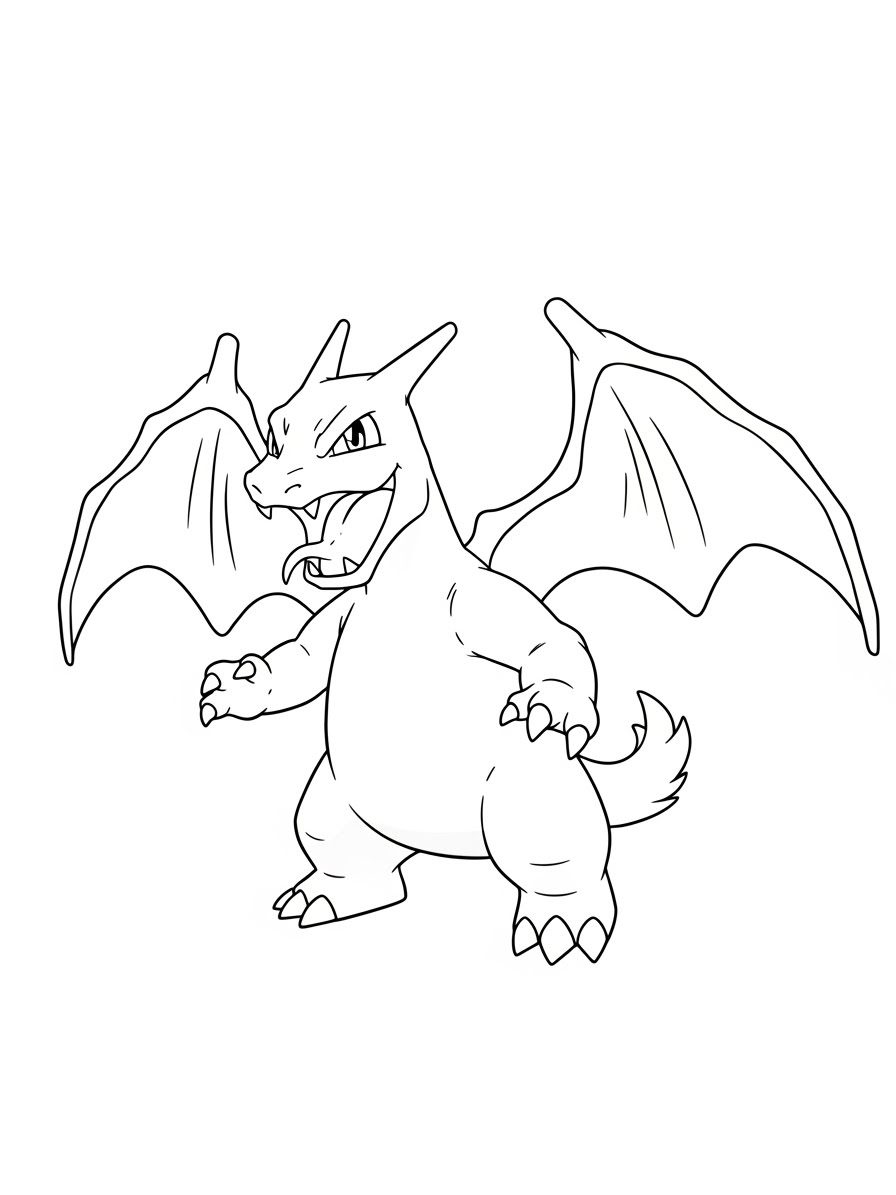 Desenho do Charizard em pé com asas abertas para colorir