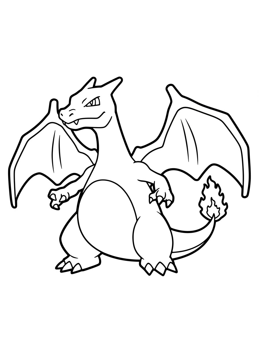 Desenho do Charizard em pé e com asas abertas para colorir