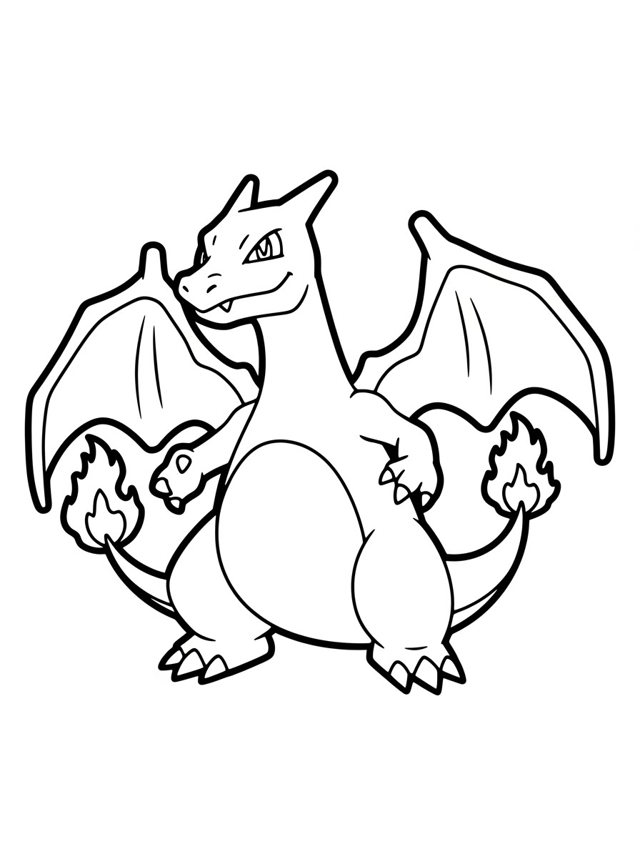 Desenho do Charizard com chamas nas pontas das caudas para colorir